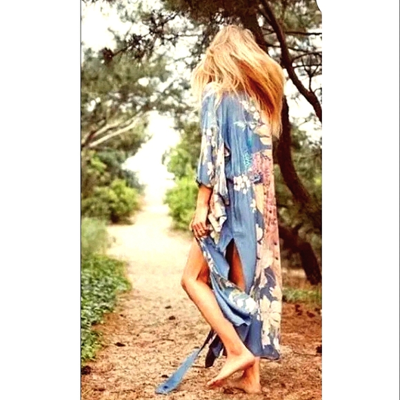 New Gypsy Floral Print Peacock Kimono Maxi Duster Jacket Robe Dusty Blue - Picture 3 of 13